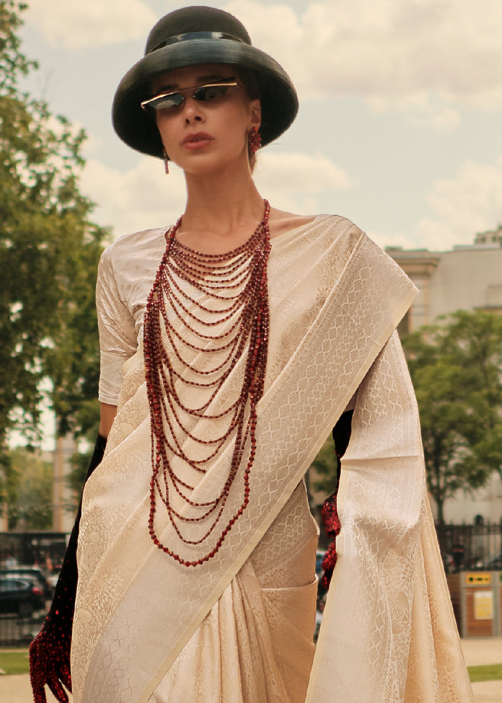 Beige Brown Satin Silk Saree
