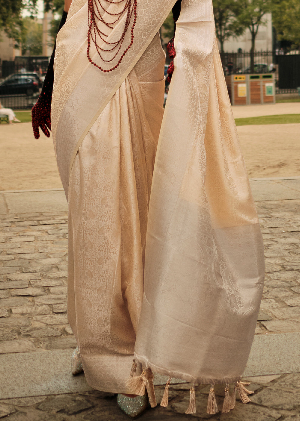 Beige Brown Satin Silk Saree