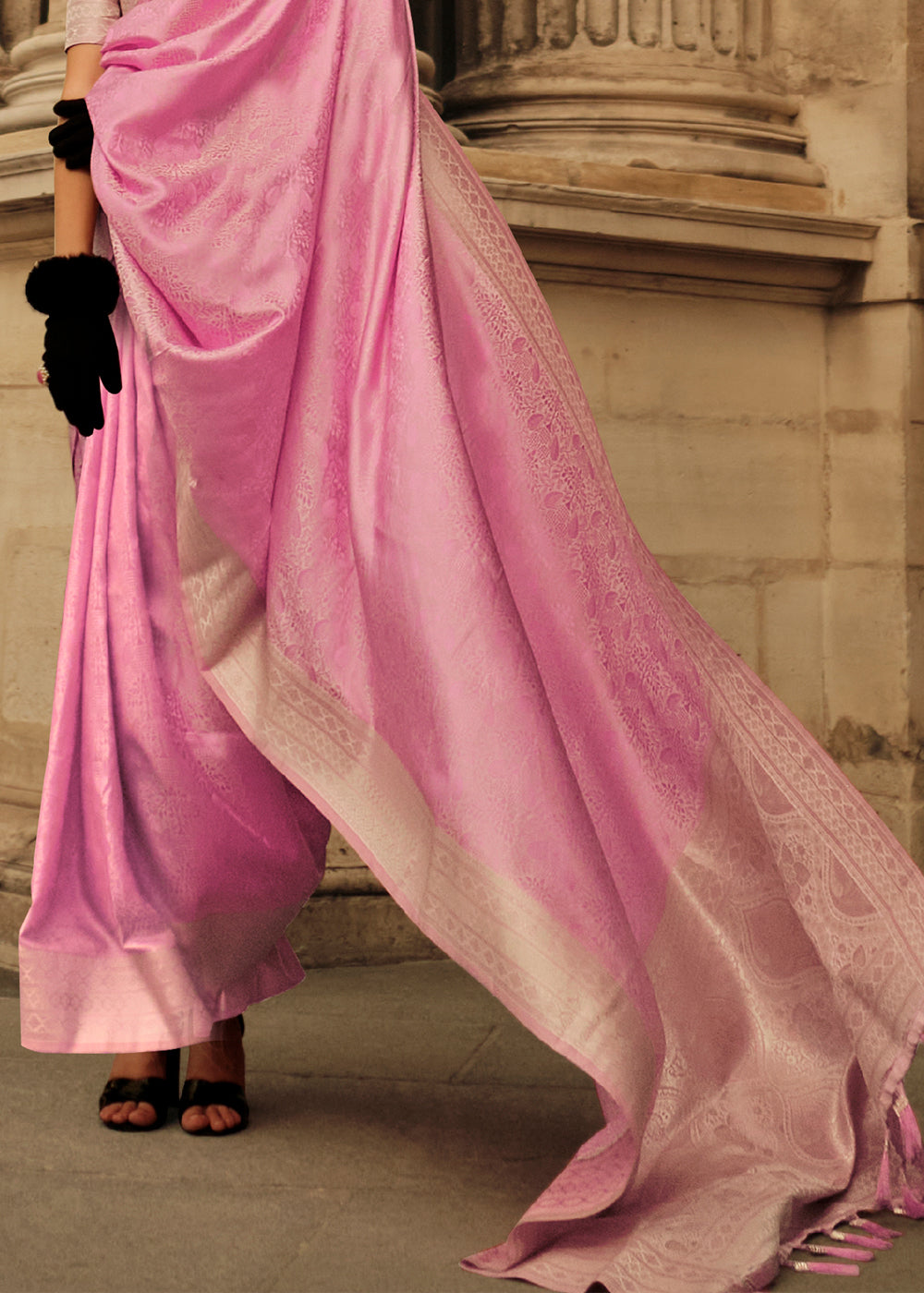 Rose Pink Satin Silk Saree