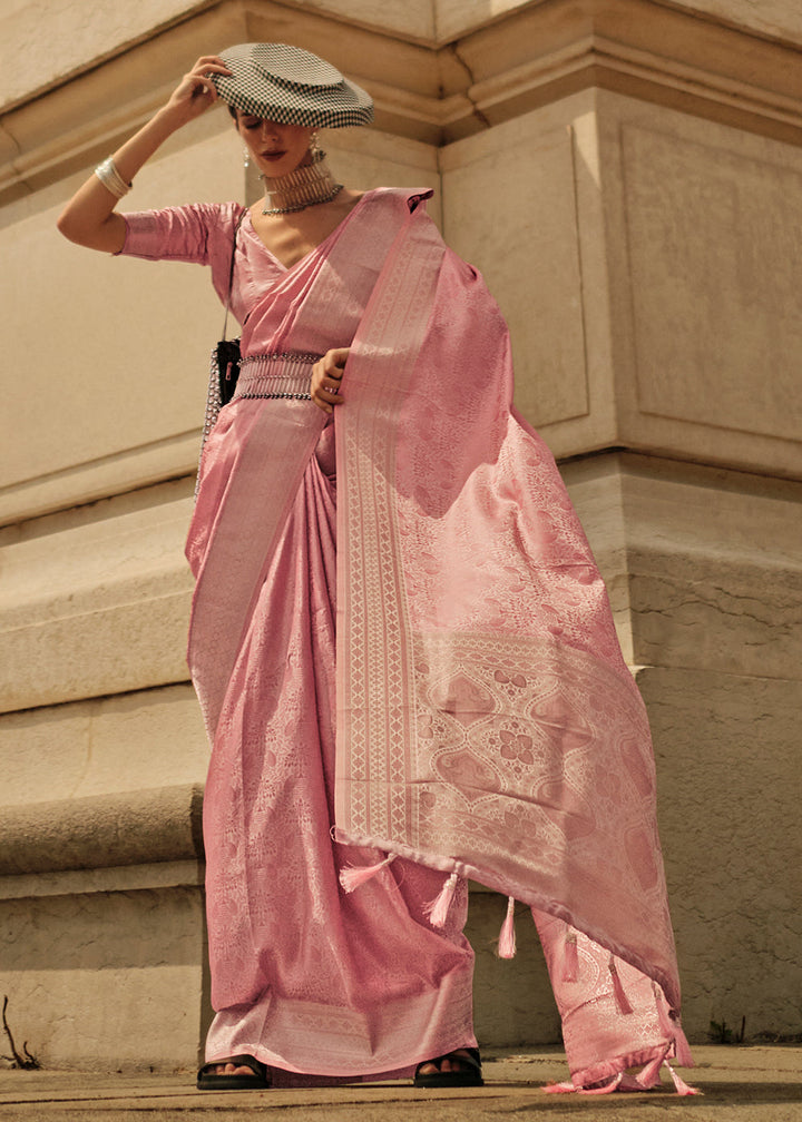 French Rose Pink Satin Silk Saree