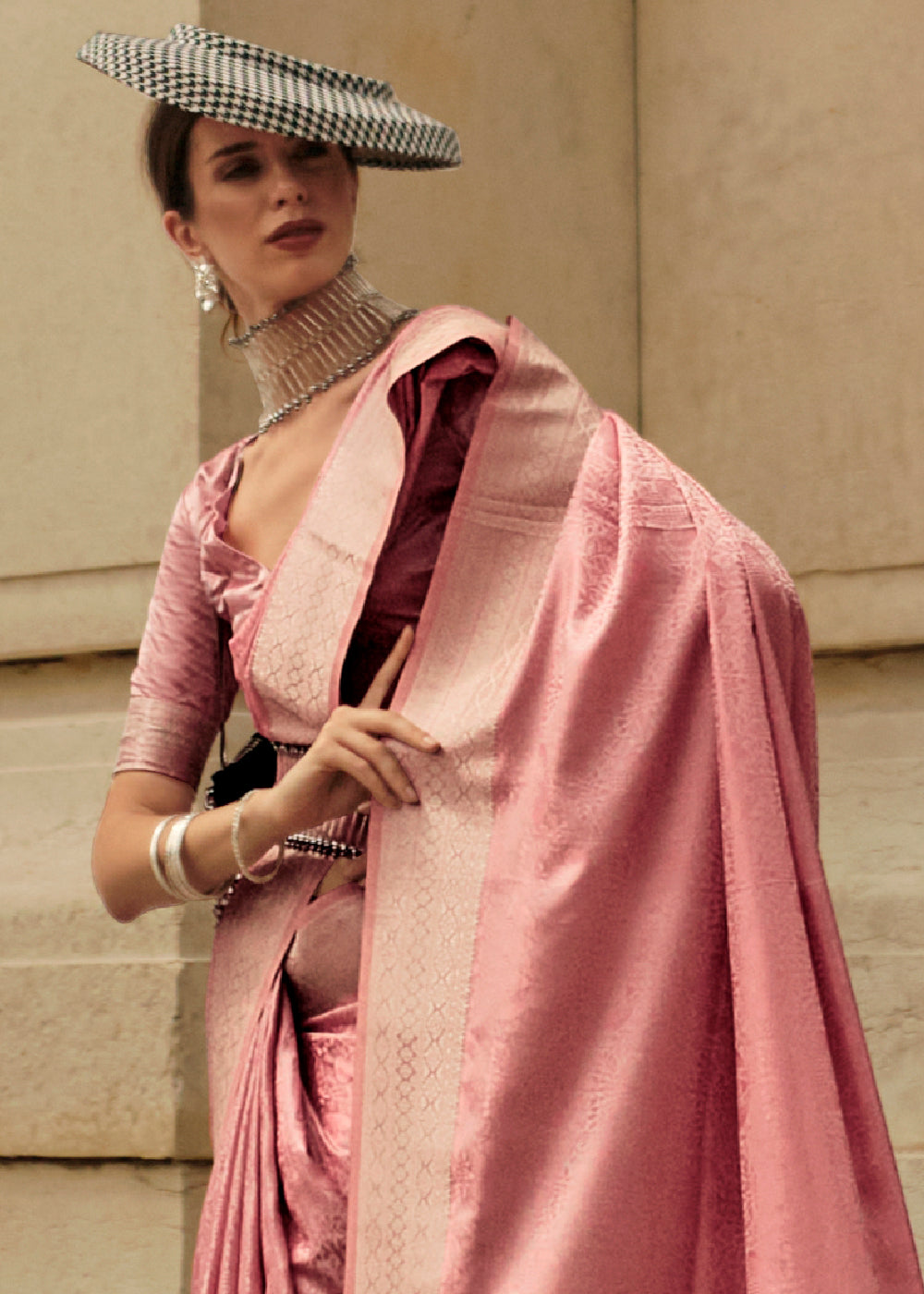 French Rose Pink Satin Silk Saree