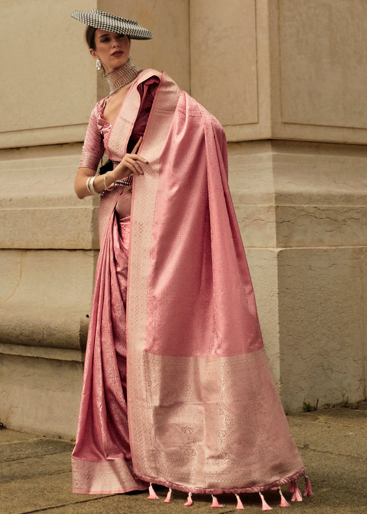 French Rose Pink Satin Silk Saree