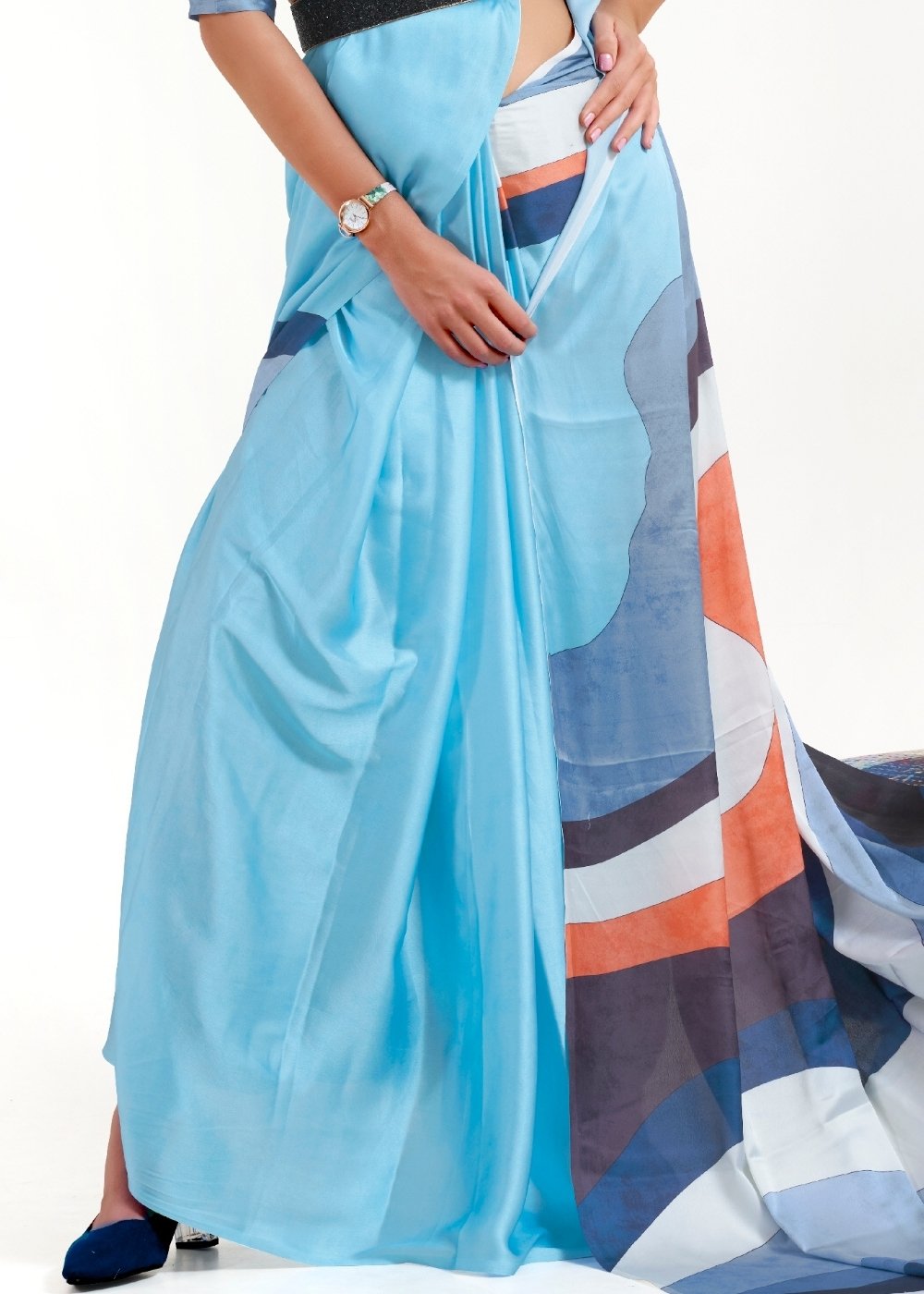 Baby Blue Printed Satin Crepe Saree