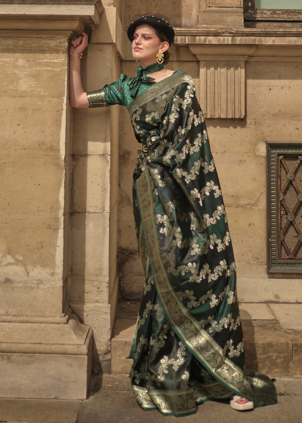 Hunter Green Woven Satin Silk Saree