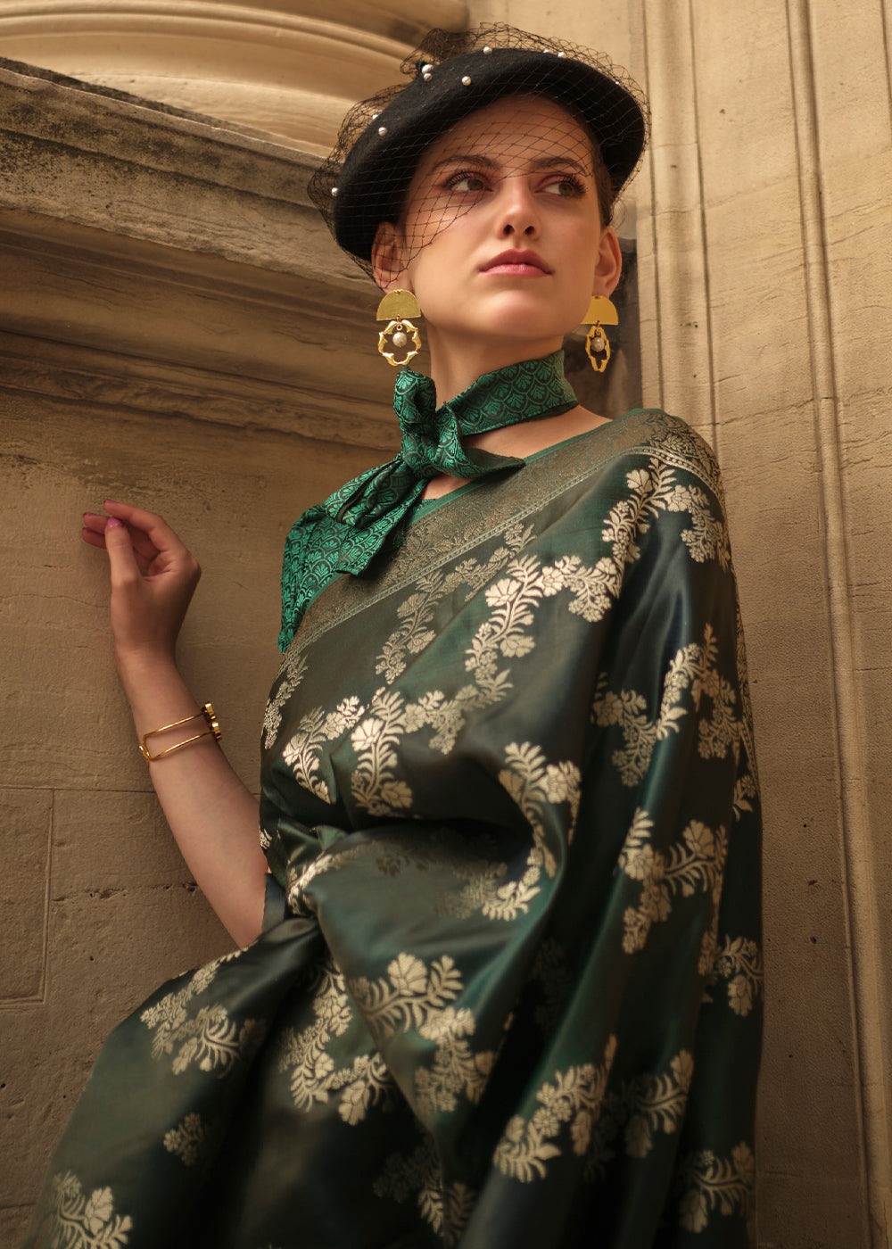 Hunter Green Woven Satin Silk Saree