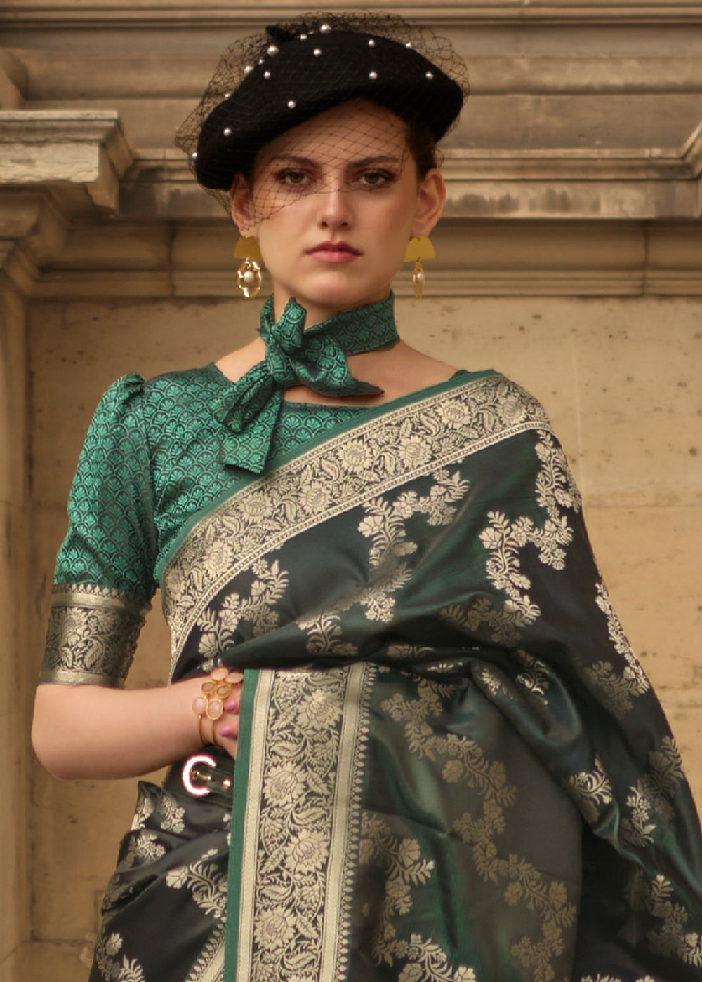 Hunter Green Woven Satin Silk Saree