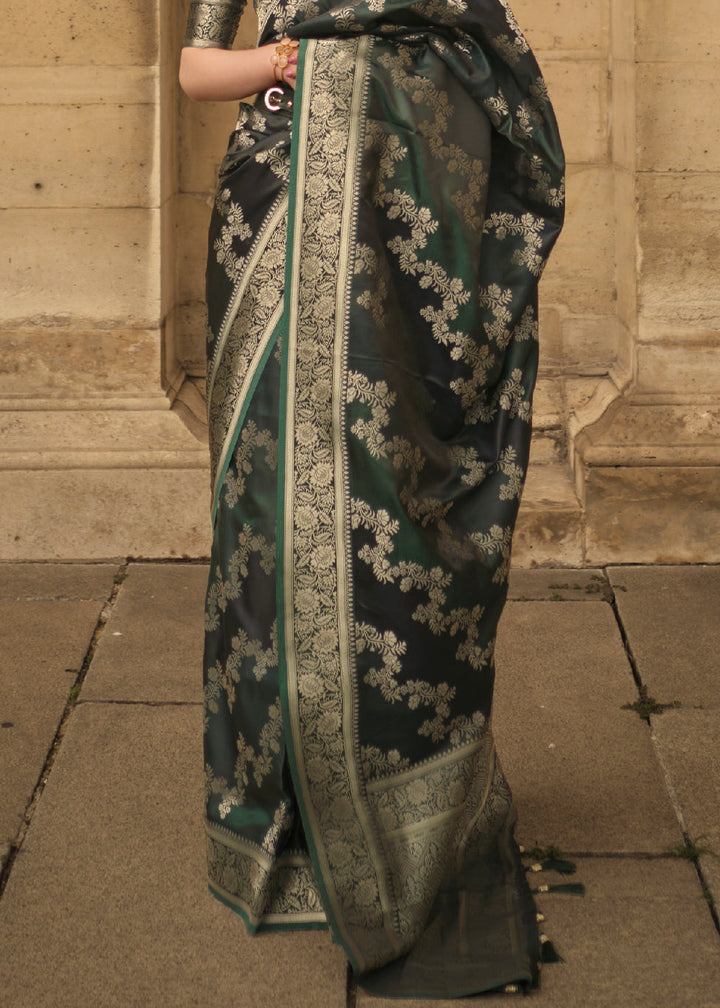 Hunter Green Woven Satin Silk Saree