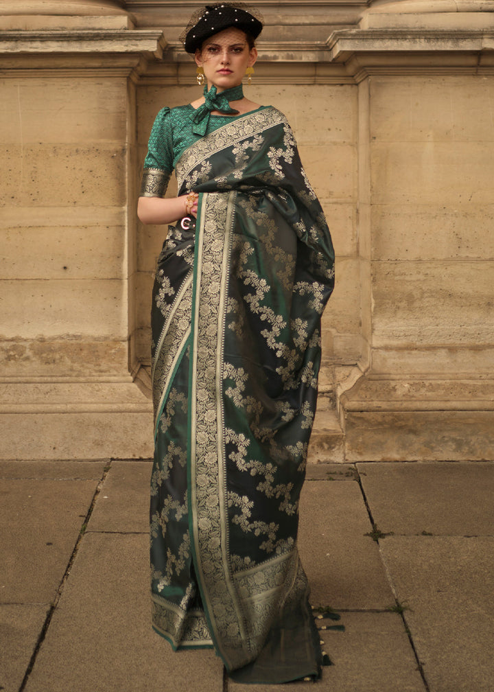 Hunter Green Woven Satin Silk Saree