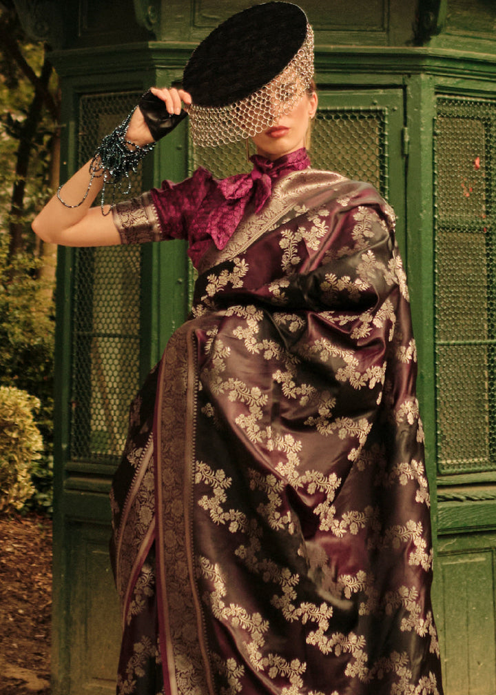 Pink & Black Woven Satin Silk Saree