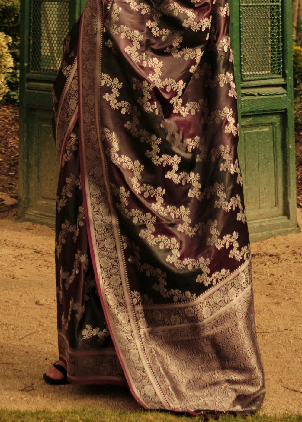 Pink & Black Woven Satin Silk Saree