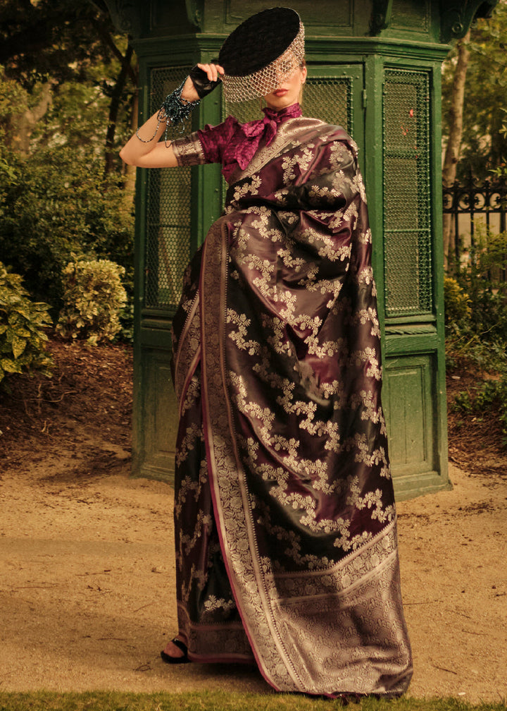 Pink & Black Woven Satin Silk Saree