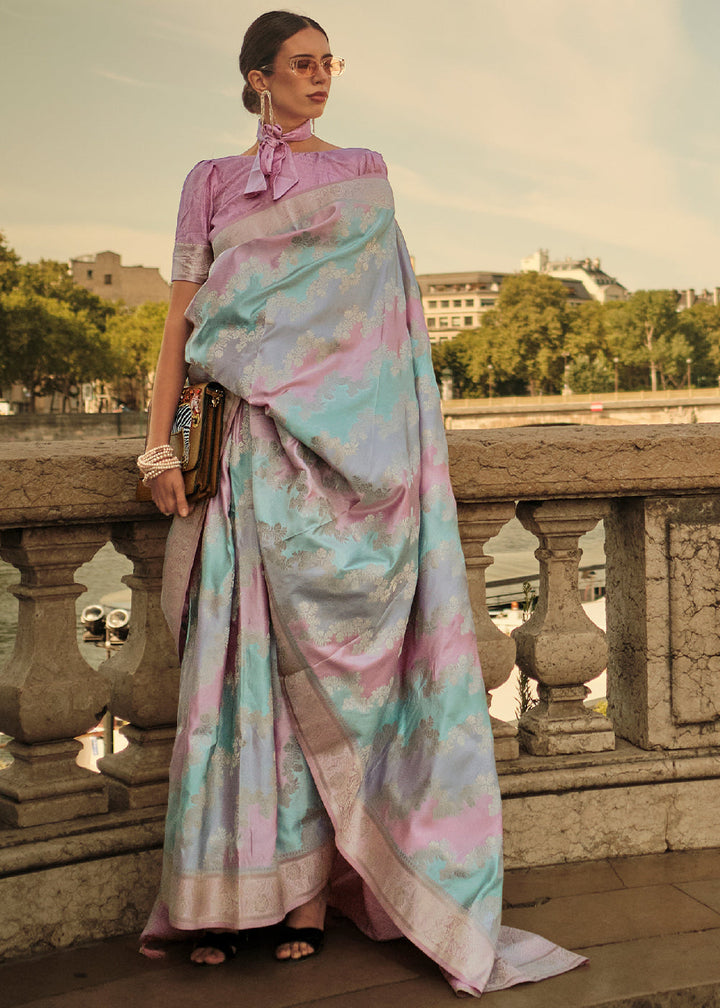 Blue & Pink Woven Satin Silk Saree
