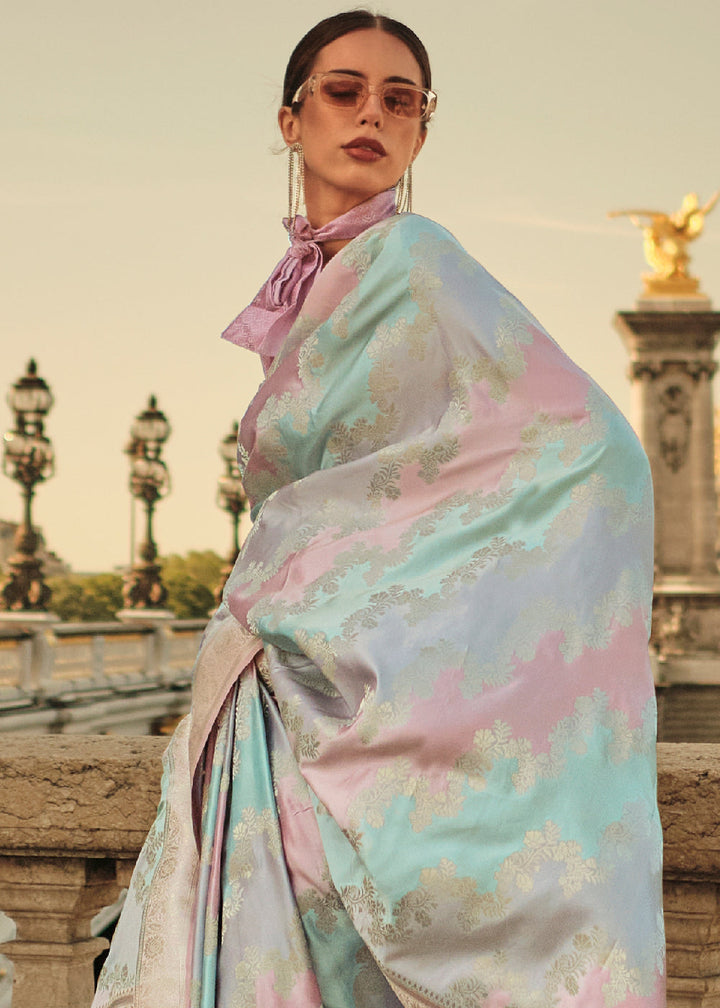 Blue & Pink Woven Satin Silk Saree