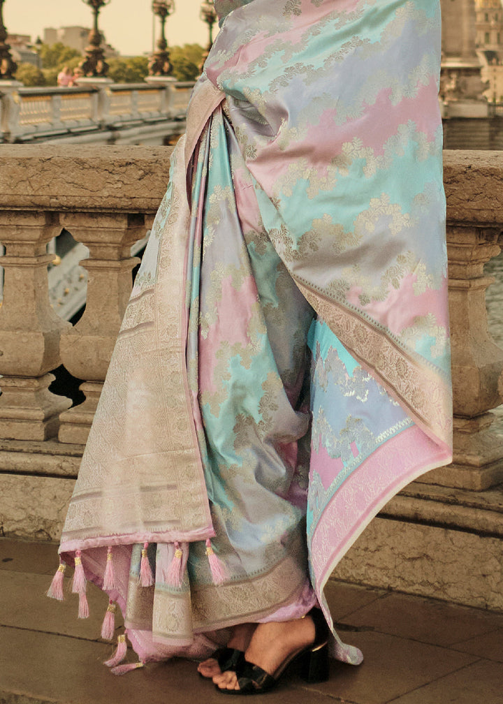 Blue & Pink Woven Satin Silk Saree