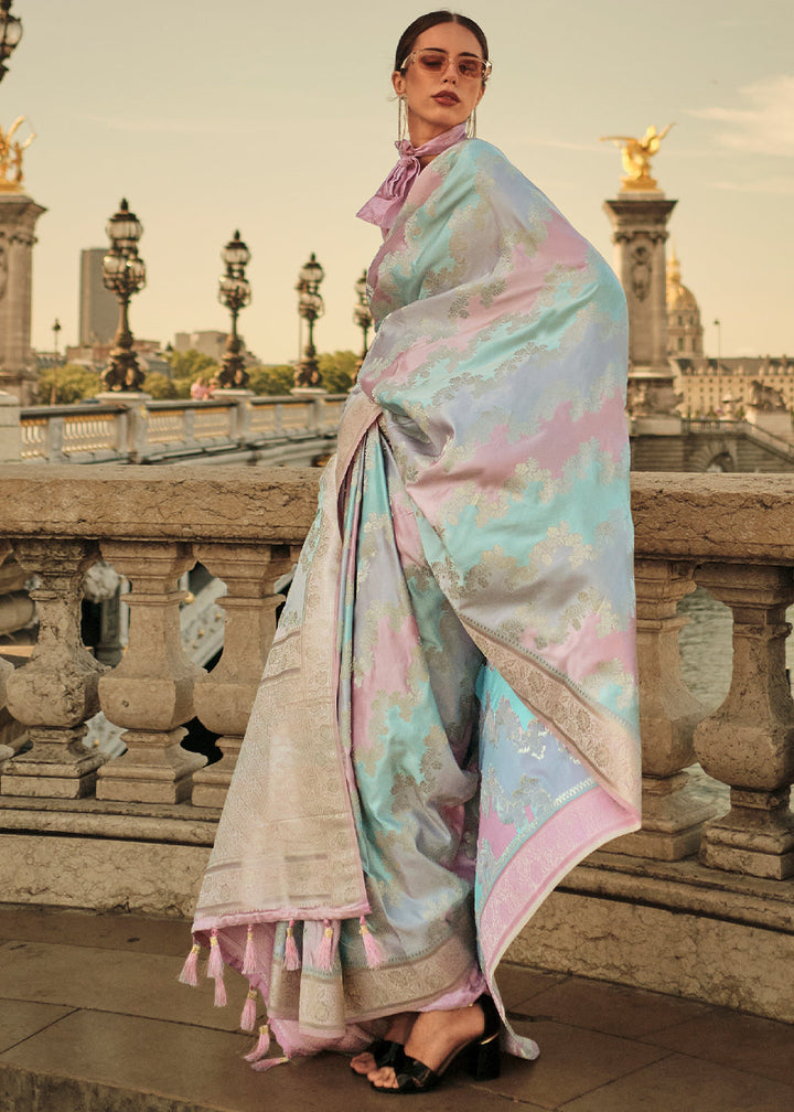 Blue & Pink Woven Satin Silk Saree