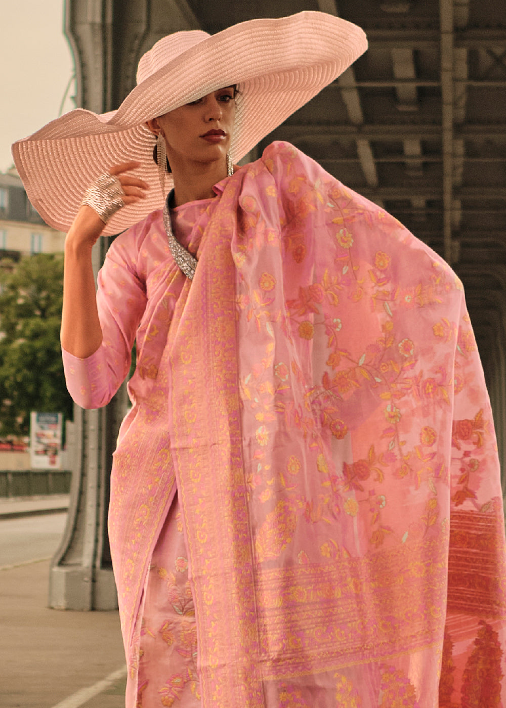 Peach Pink Organza Silk Saree