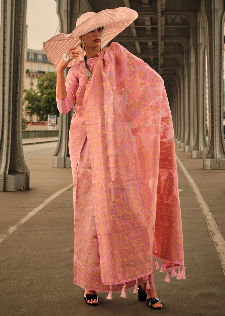 Peach Pink Organza Silk Saree