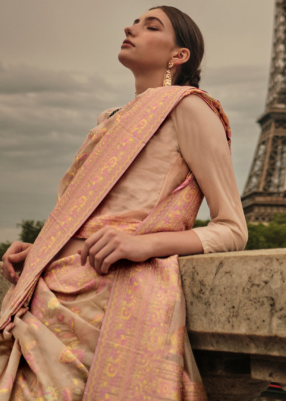 Light Brown & Pink Organza Silk Saree