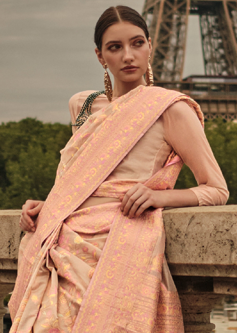 Light Brown & Pink Organza Silk Saree