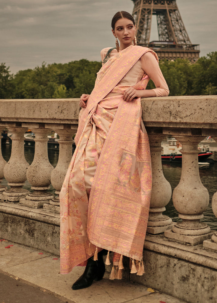 Light Brown & Pink Organza Silk Saree