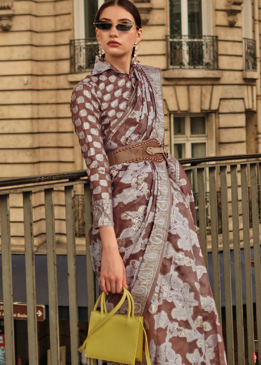 Taupe Brown Organza Silk Saree