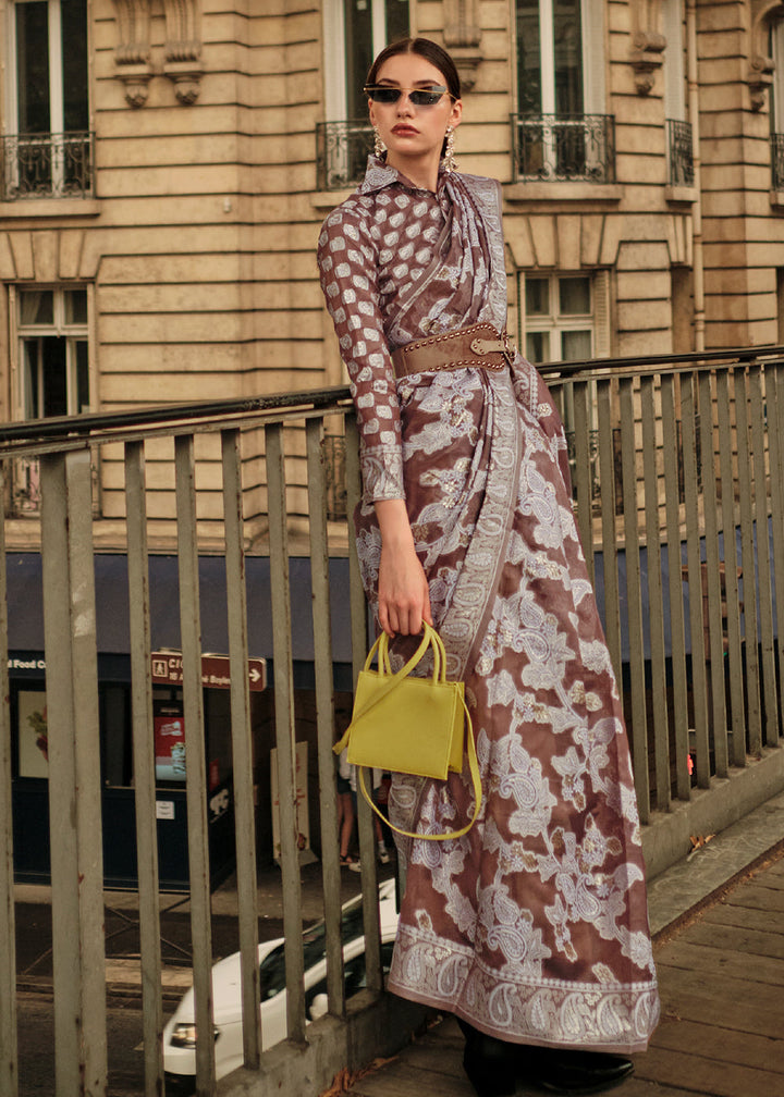 Taupe Brown Organza Silk Saree