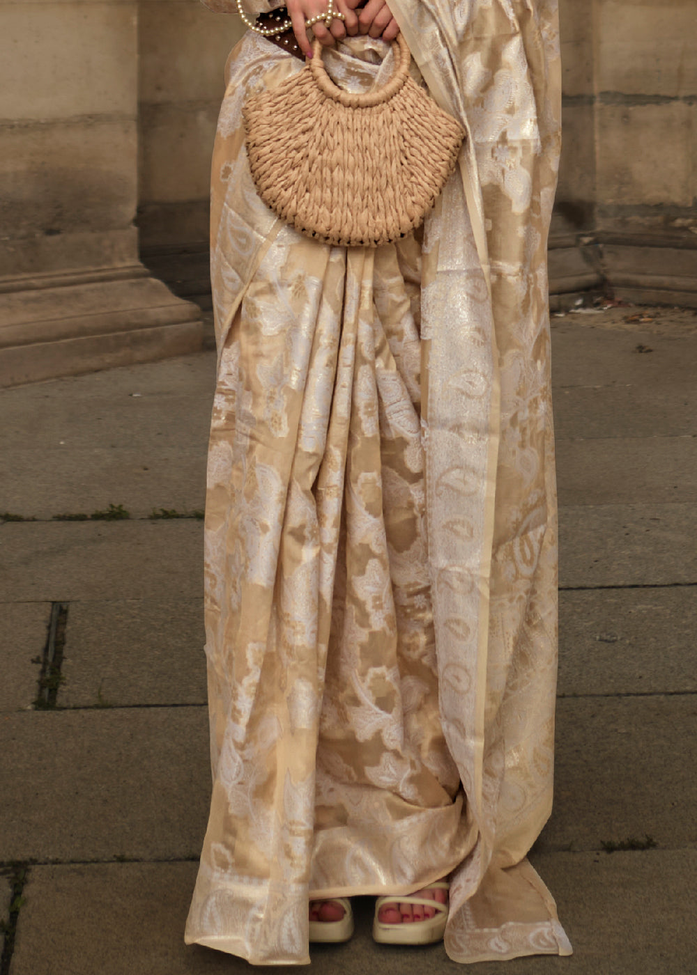 Beige Brown Organza Silk Saree