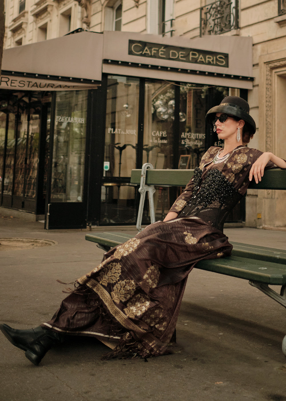 Mocha Brown Satin Silk Saree