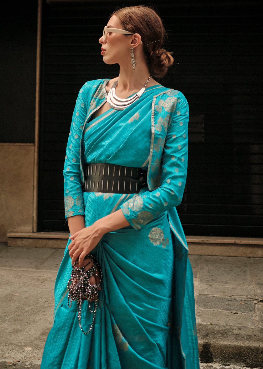 Cerulean Blue Satin Silk Saree
