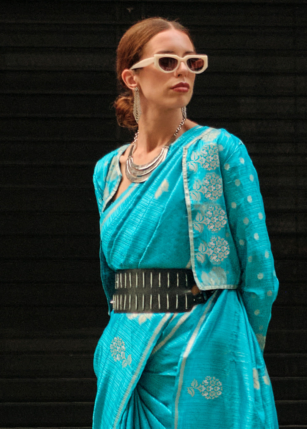 Cerulean Blue Satin Silk Saree