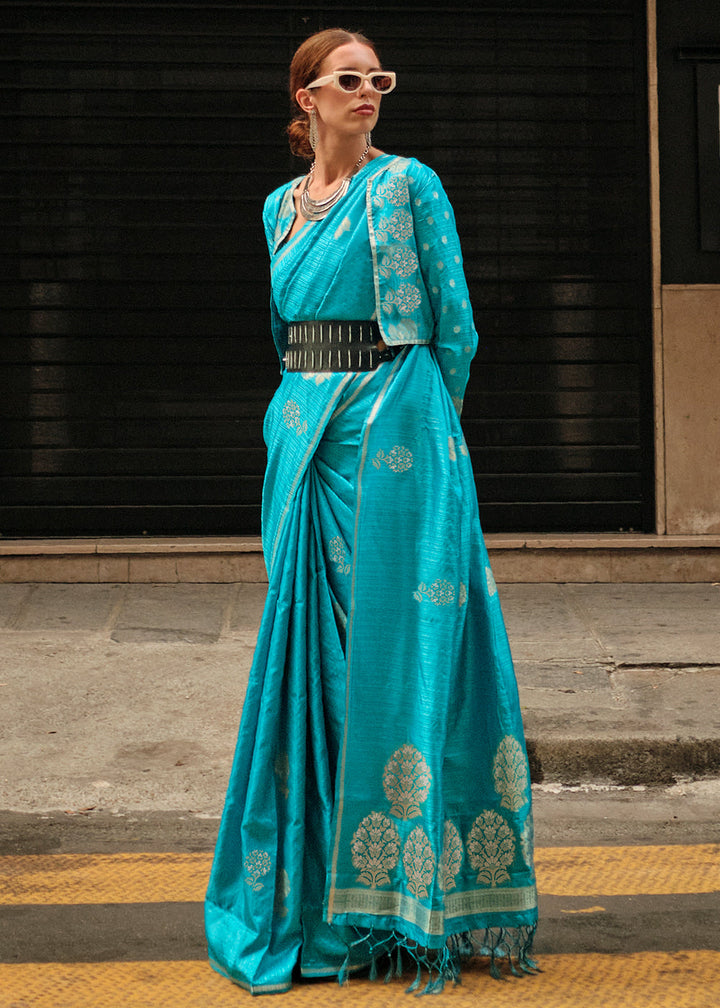 Cerulean Blue Satin Silk Saree