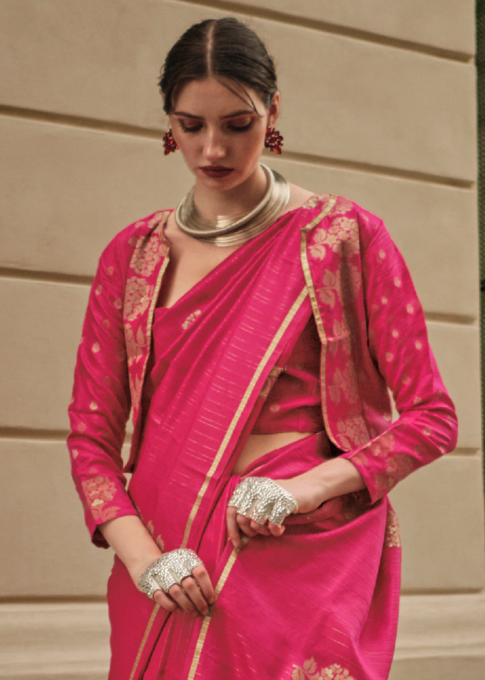 Cerise Pink Satin Silk Saree
