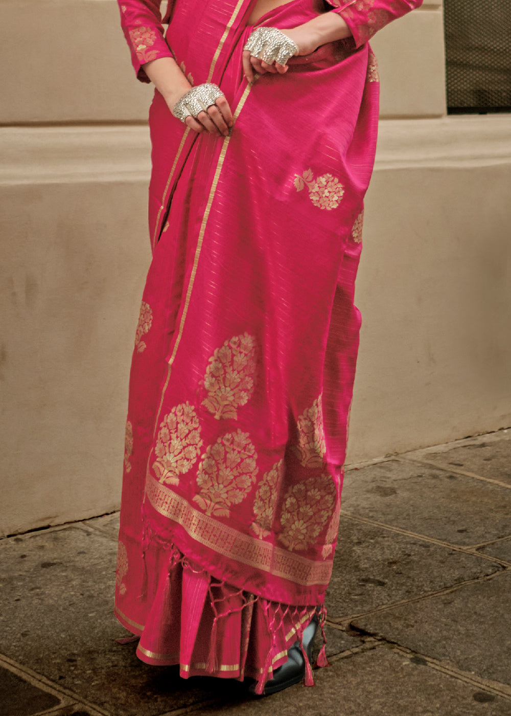 Cerise Pink Satin Silk Saree