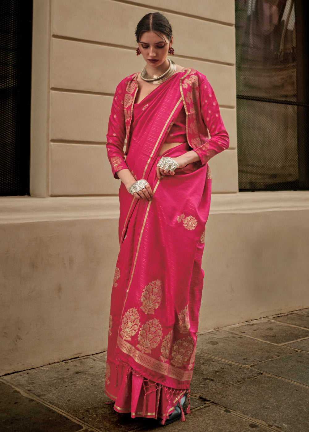 Cerise Pink Satin Silk Saree