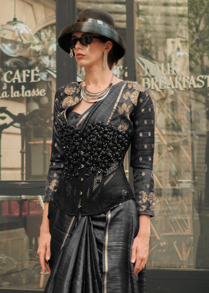 Pitch Black Satin Silk Saree