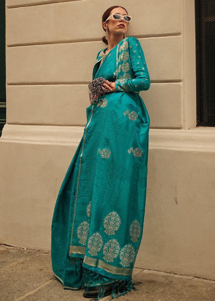 Dark Cyan Green Satin Silk Saree
