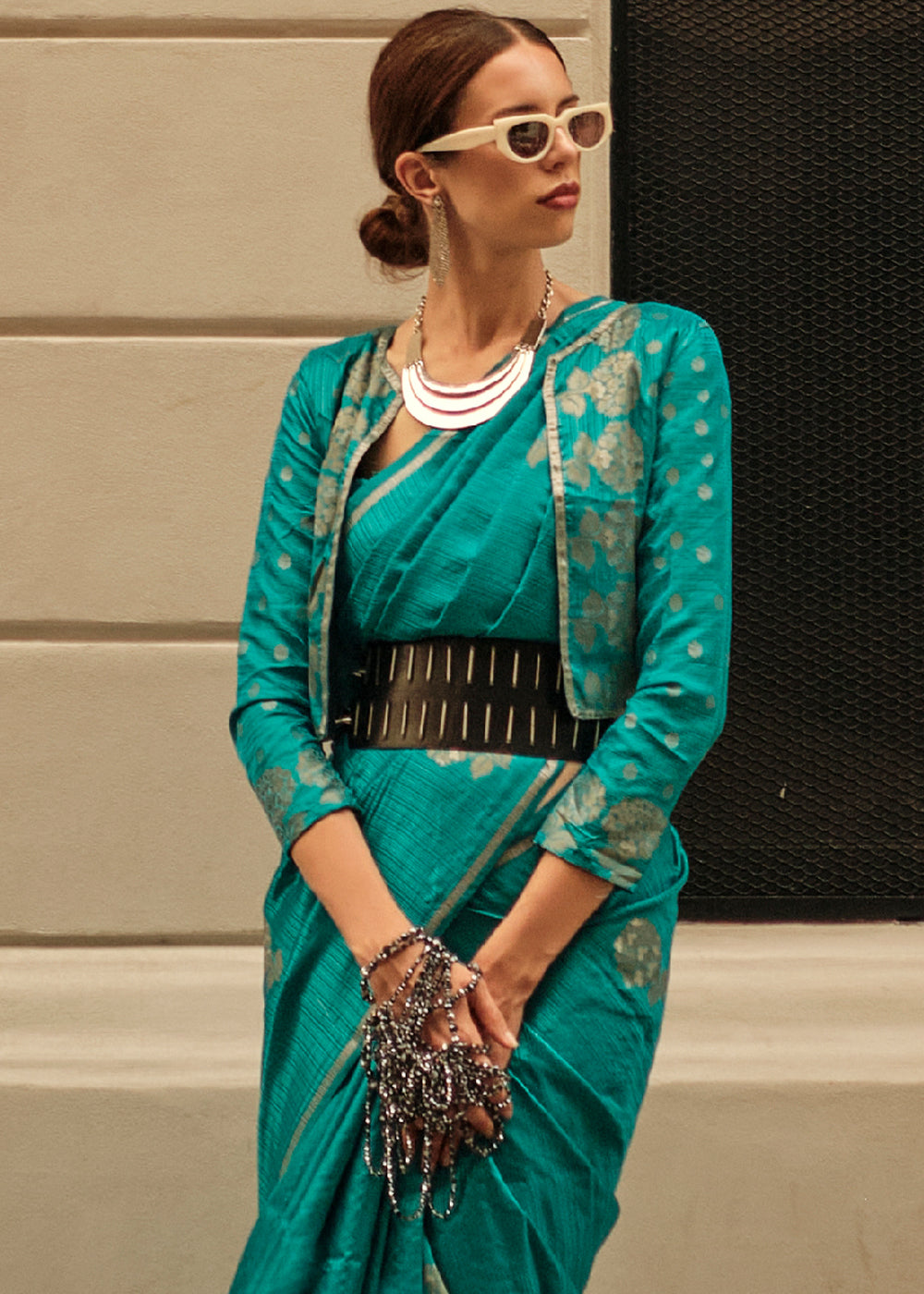 Dark Cyan Green Satin Silk Saree