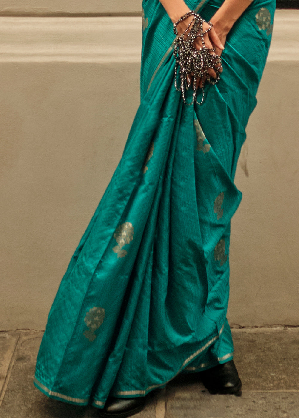 Dark Cyan Green Satin Silk Saree