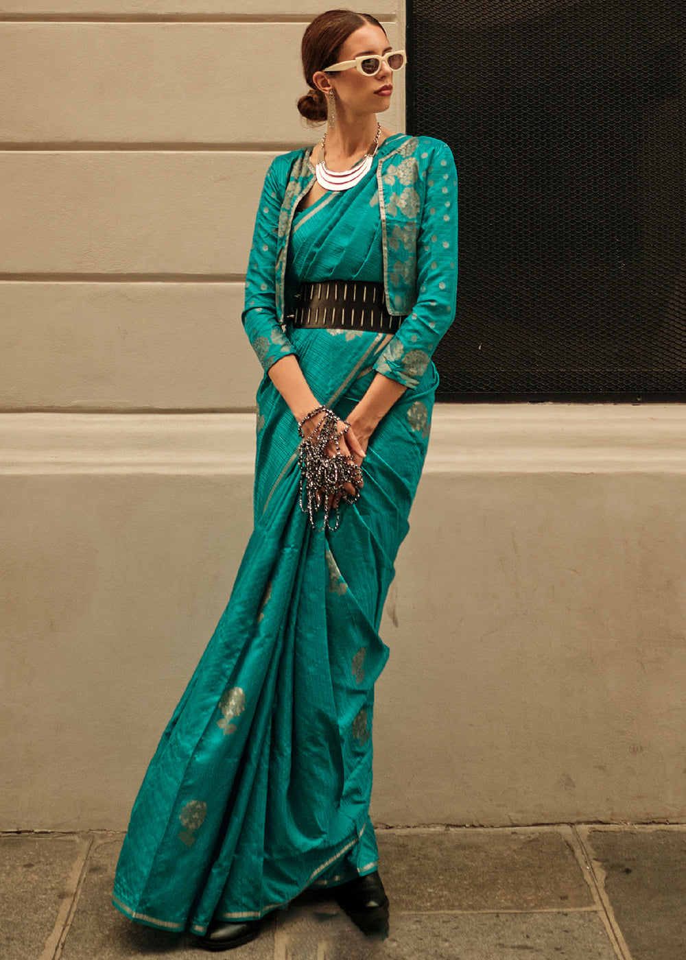 Dark Cyan Green Satin Silk Saree