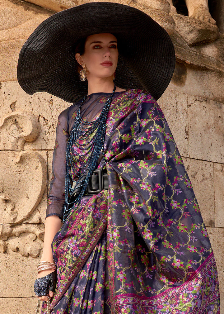 Blue & Pink Parsi Woven Organza Silk Saree