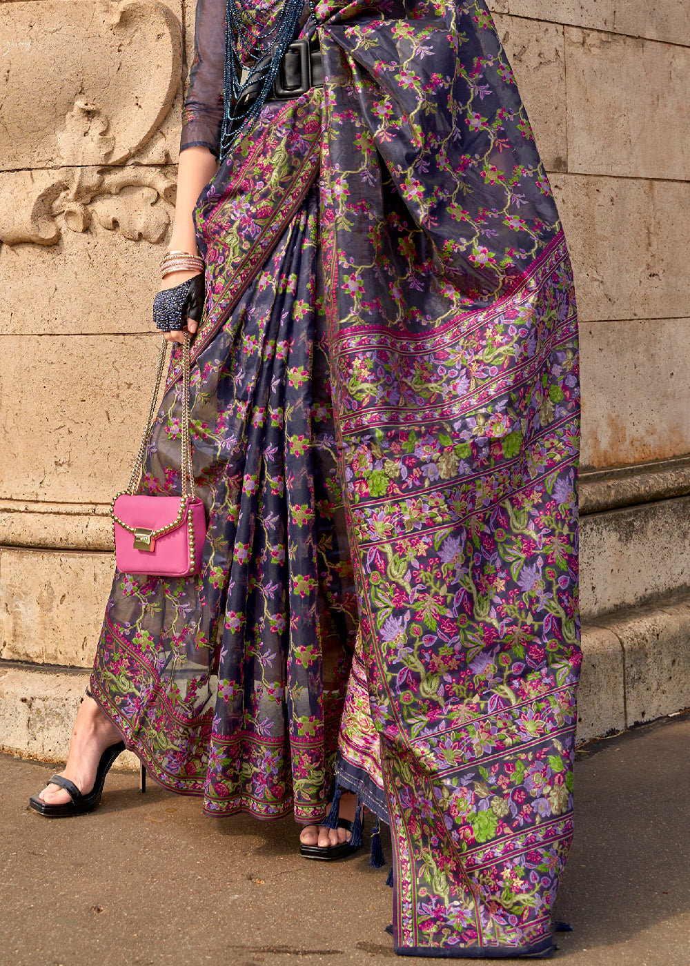 Blue & Pink Parsi Woven Organza Silk Saree