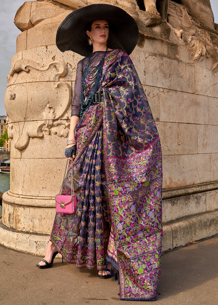 Blue & Pink Parsi Woven Organza Silk Saree