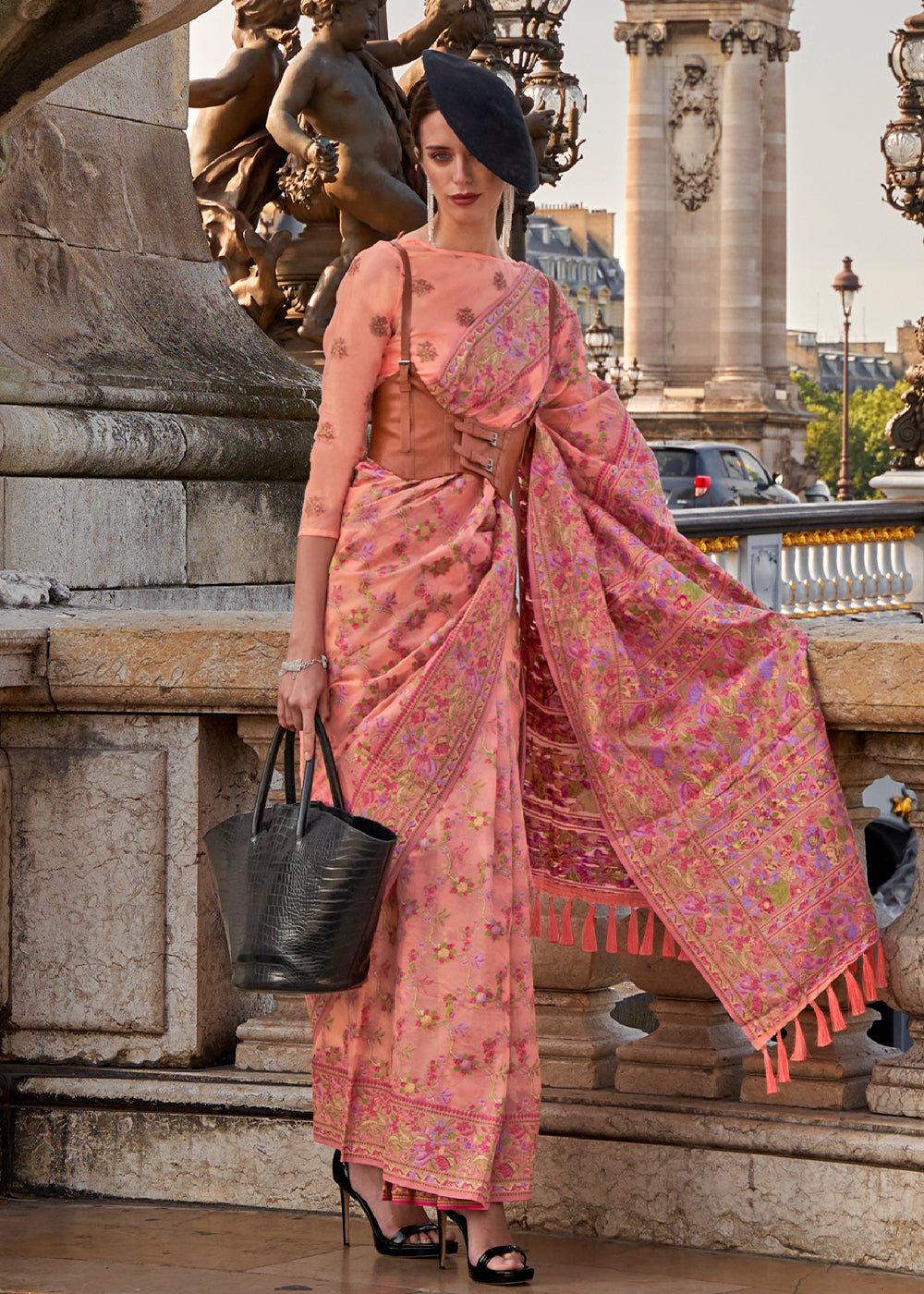Peach Pink Parsi Woven Organza Silk Saree