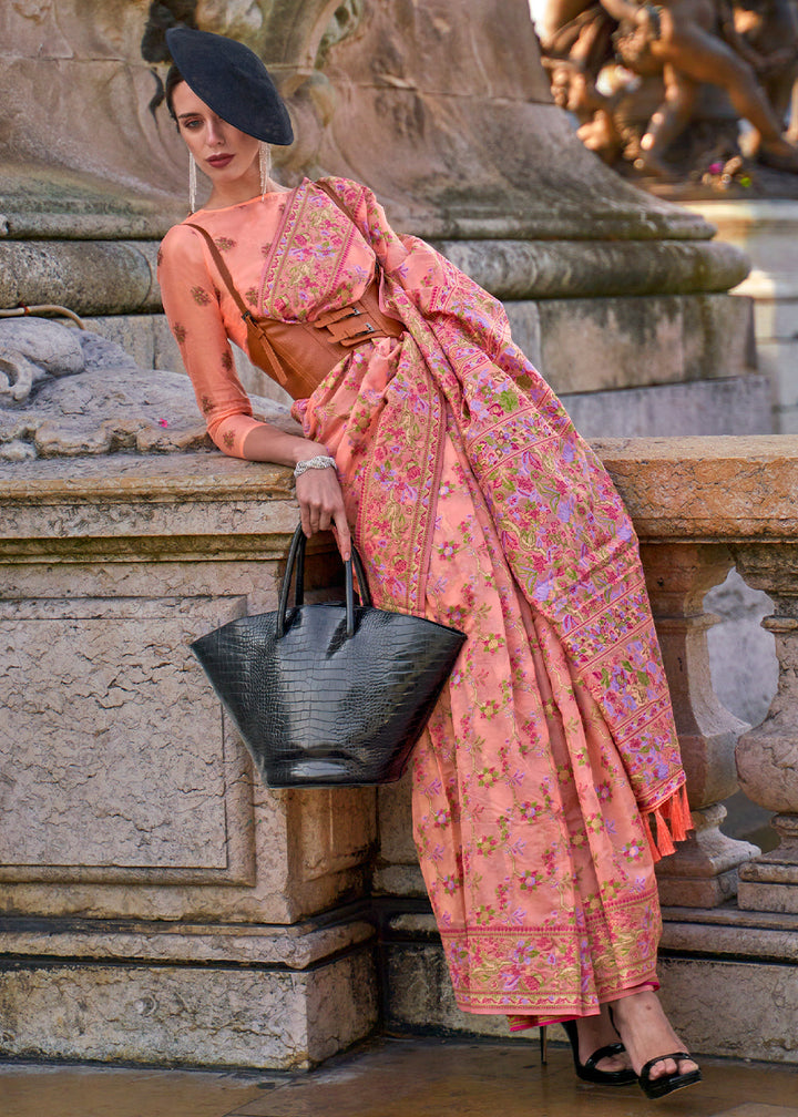Peach Pink Parsi Woven Organza Silk Saree