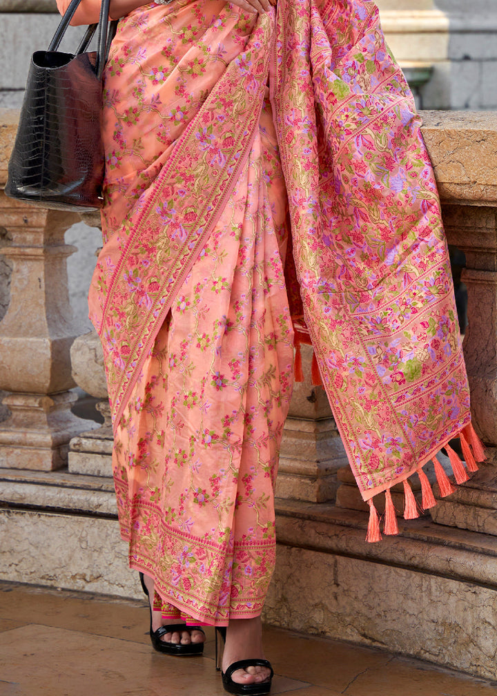 Peach Pink Parsi Woven Organza Silk Saree