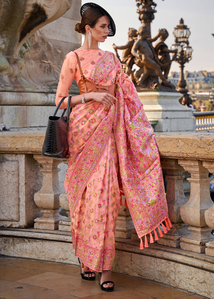 Peach Pink Parsi Woven Organza Silk Saree