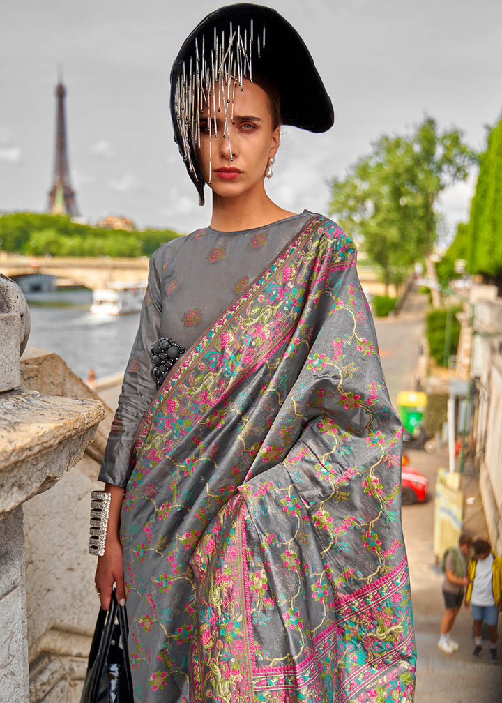 Iron Grey Parsi Woven Organza Silk Saree