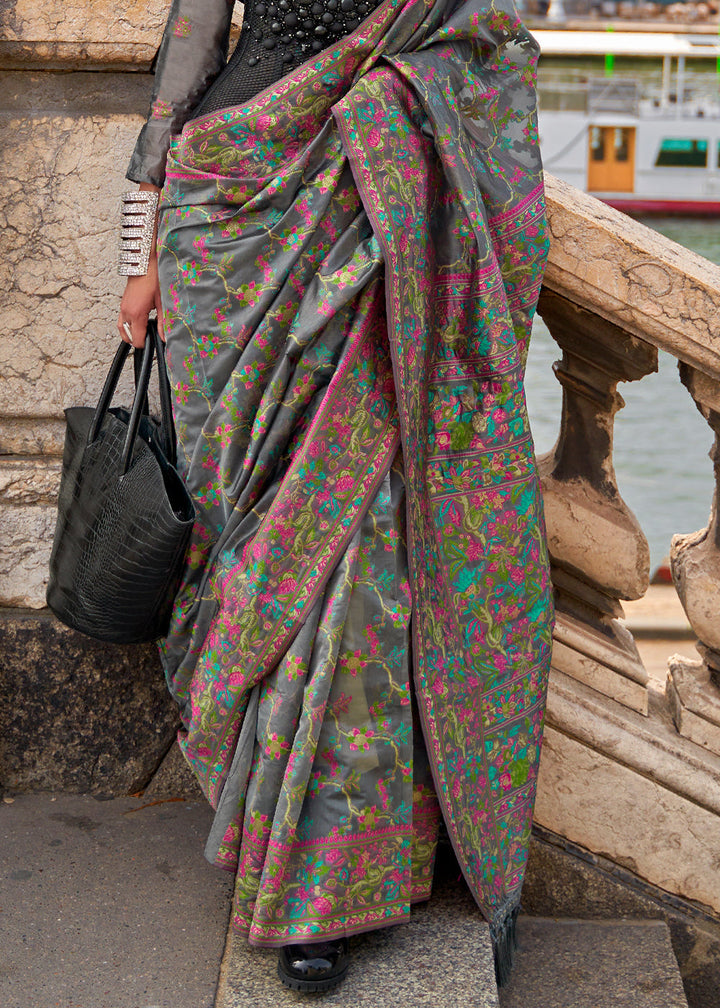 Iron Grey Parsi Woven Organza Silk Saree