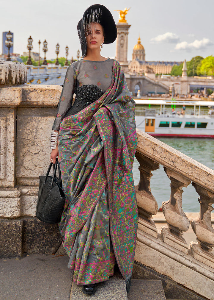 Iron Grey Parsi Woven Organza Silk Saree