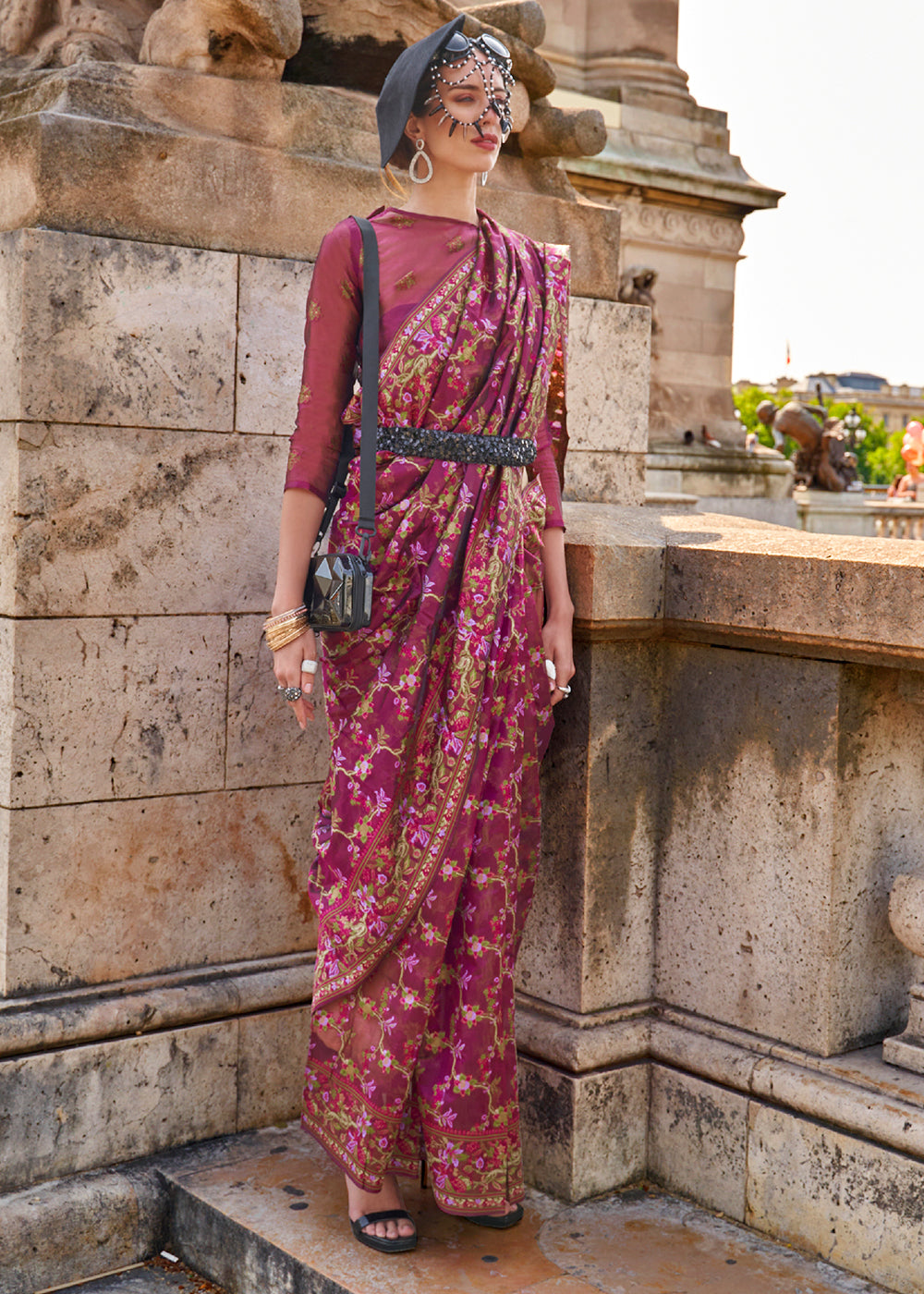 Rhubarb Purple Parsi Woven Organza Silk Saree